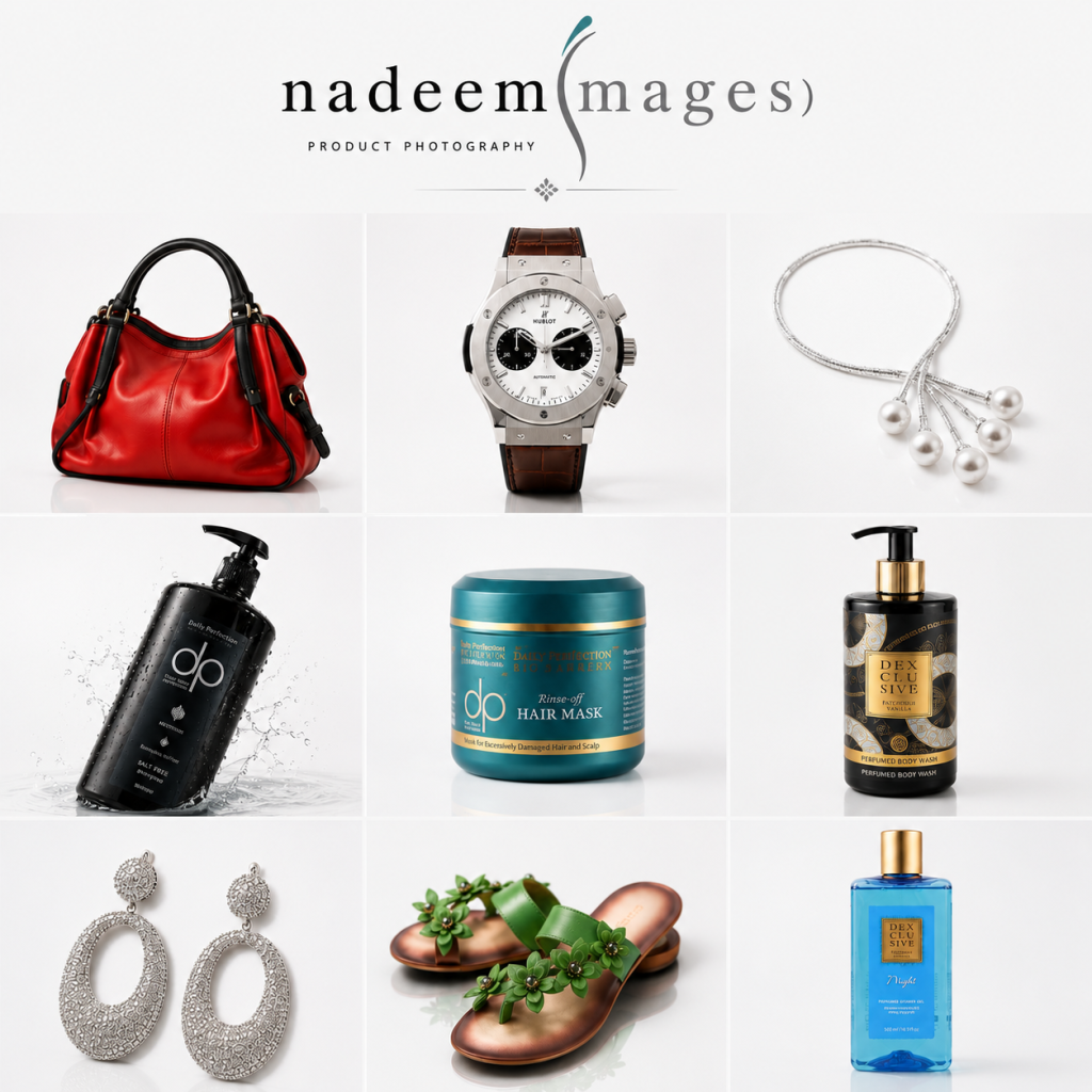 Professional Product Photography by Nadeem Images in Karachi Pakistan featuring cosmetics, fashion accessories, jewelry and luxury commercial product photography.